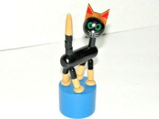 Vintage Wooden Jointed Black Cat Push Button Spring Finger Puppet Toy