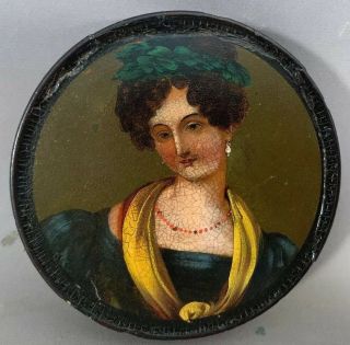 19th Antique Victorian Miniature 18thc Lady Portrait Old Papier Mache Snuff Box