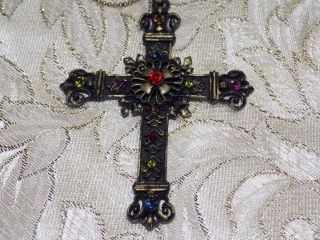 Vclm Antiqued Brass Tone Multi Color Rhinestone Cross Necklace