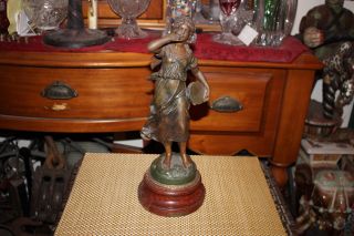 Antique L & F Moreau Metal Statue - Woman Holding Tambourine - Le Baiser - France Made