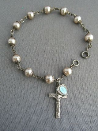 Vintage Sterling Ball Bead Jesus Virgin Mary Rosary Charm Tennis Bracelet