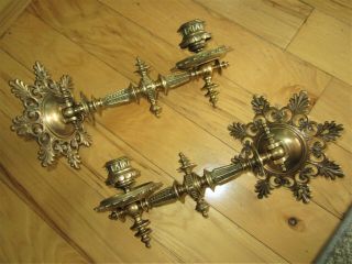 Antique Pair Bronze Eastlake Piano Wall Sconces Victorian Brass Candle Holders