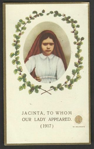 Saint Jacinta Fatima Vintage Relic Reliquary Religious Holy Card