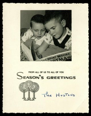 Vintage Merry Christmas Photo Greeting Card Boys Read Night Before Christmas