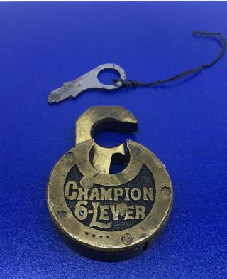 Old Champion 6 Lever Brass Padlock Lock Key Locksmith Antique Vintage Primitive