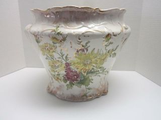Jardiniere Antique Porcelain With Multi - Color Floral Design Gilded Trim 12 " Tall