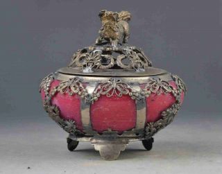 Exquisite chinese Tibetan silver carving kylin inlay jade Incense burner b01 2
