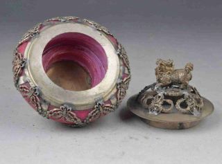 Exquisite chinese Tibetan silver carving kylin inlay jade Incense burner b01 3