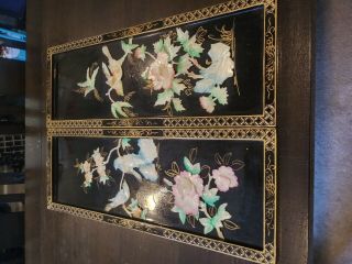 Vintage Mother Of Pearl Black Lacquer Chinese Wall Art