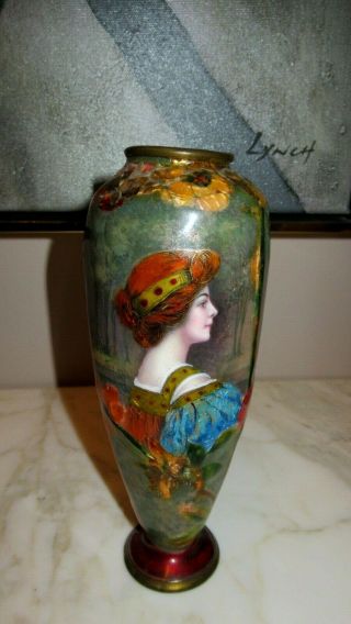 Antique Guilloche Enamel Foil Portrait Vase Art Nouveau Lady Forest Scene