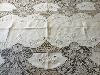 Antique Vintage Linen Table Cloth Bed Spread With Point De Venice Lace 100 " Long