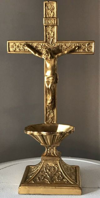 Vtg Brass Crucifix Holy Water Font Cross Jesus Catholic Size Is 9 " 3/4 X 4 " 1/2