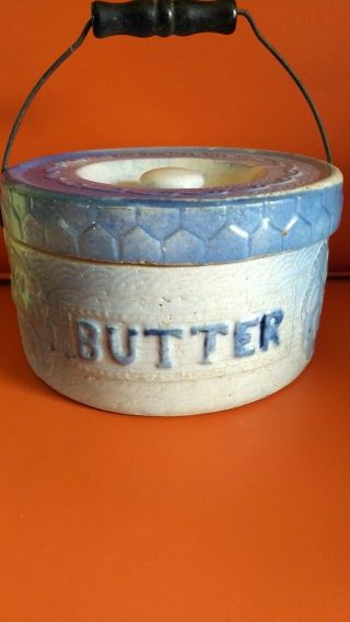 Antique Blue Stoneware Butter Crock With Lid -