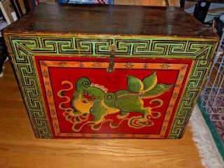 Antique Chinese Solid Wood Chest Box Polychrome Foo Dog 24 " Shi Lion Coin Bronze