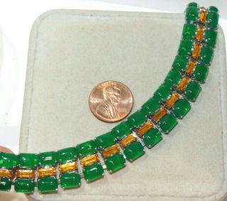 Vintage Emerald Jade Green Golden Topaz Rhinestone Paste Silver Bracelet 9e 91