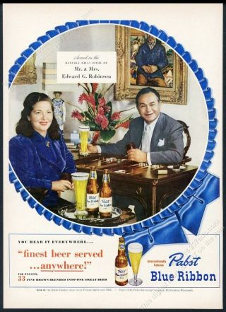 1949 Edward G Robinson Backgammon Game Photo Pabst Blue Ribbon Beer Print Ad