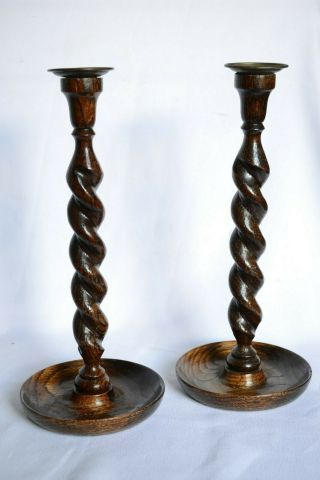 Antique Pair English Oak Barley Twist Candle Sticks Candle Holders 12 1/2 " High