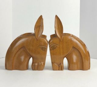 Vintage Hand Carved Wooden Donkey Bookends Mule Solid Wood Decor