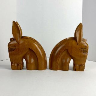 Vintage Hand Carved Wooden Donkey Bookends Mule Solid Wood Decor 3