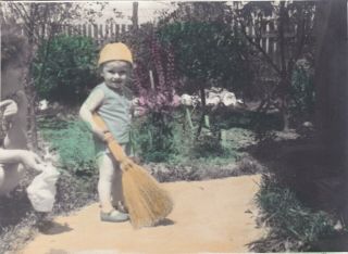 1966 Cute Little Boy W/ Broom In Garden Old Hand Tinted Russian Soviet Photo