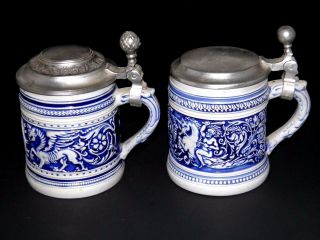 Vintage Gerz Beer Steins Germany Set Of 2 Blue Salt Glazed Stoneware Pewter Lids