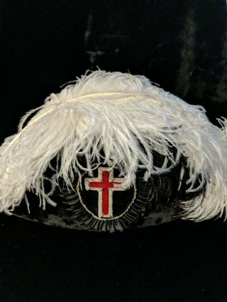 Vintage Masonic Knights Templar Chapeau White & Black Ostrich Feather Hat 7 1/8