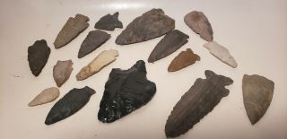15 Antique Arrow Heads - Flint - Stone - Indian - Diff Sizes - Artifacts - Spear Head - Points