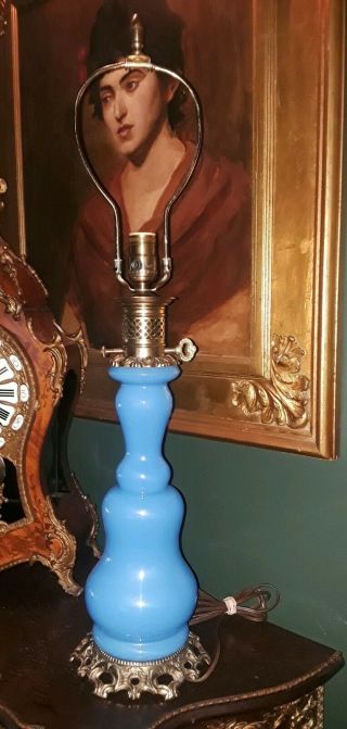 Mid Century Vintage Blue Opaline Glass Ormolu Lamp Ornate Hollywood Regency 30 "