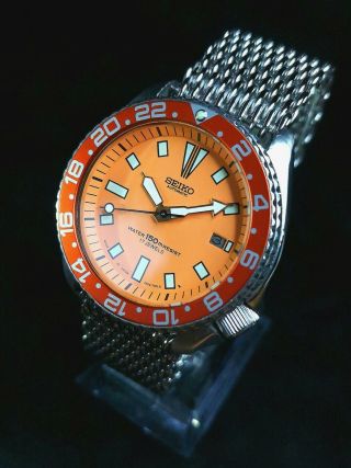 Vintage Seiko Divers Watch Automatic 7002 Retro Orange Dial,  Hand Mod Gmt Bezel
