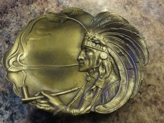 Vintage Brass Bronze Art Nouveau Indian Chief Smoking Pipe Trinket Pin Tray