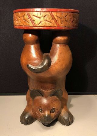 16 Inch Vintage Wooden Cat Handstand Accent Table Plant Stand