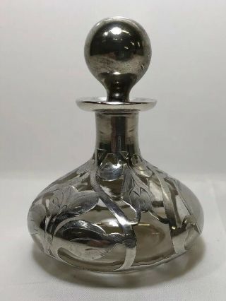 Vintage Sterling Silver Overlay Foliage Clear Glass Perfume Bottle.  (a44)