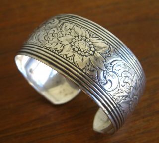 Fine Vintage Sterling Silver Chased Art Deco Cuff Bracelet