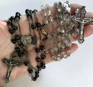 Vtg 2 Rosary Glass Beads The First Clear Cut Crystal And Second Black And Brown