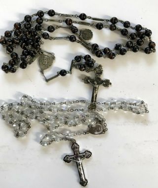 VTG 2 ROSARY GLASS BEADS THE FIRST CLEAR CUT CRYSTAL AND SECOND BLACK AND BROWN 2