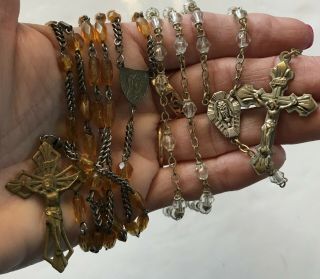 Vintage 2 Rosary Glass Beads One Clear And Second Yellow Crystal Catholic 3
