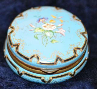 19thc Antique French Blue Hinged Dresser Box Enameled Flowers