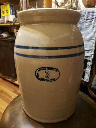 Antique Vintage Marshall Pottery 3 Gallon Ceramic Butter Crock White Blue W/ Lid