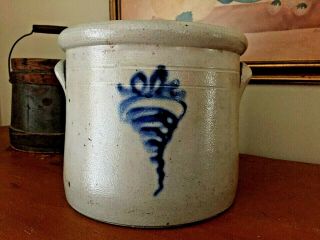 Terrific Small Antique Stoneware Handled Crock With Cobalt Bee Sting Decoration
