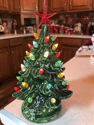 Vintage Small Green Flocked Ceramic Lighted Christmas Tree 8 1/2” Tall