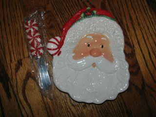 Fitz And Floyd Peppermint Santa Snack Plate With Spreader