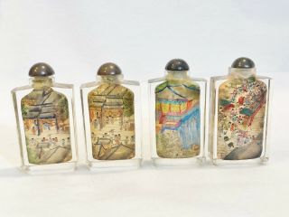 4 Vintage Glass Chinese Snuff Bottles - Reverse Painted Pre - Owned