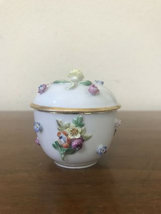 Antique Meissen Porcelain Trinket Box Encrusted Applied Colorful Flowers Germany