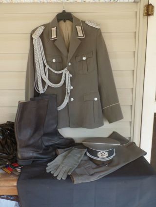 East German Ddr Army Military Nva Officers Uniform.  Jackboots,  Visor,  Gloves,  Pants