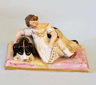 Antique Porcelain Dog Figurine With Sleeping Girl Germany