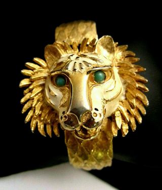 Rare Vintage Goldtone Emamel Glass Eyes Lion Head Clamper Statement Bracelet A66