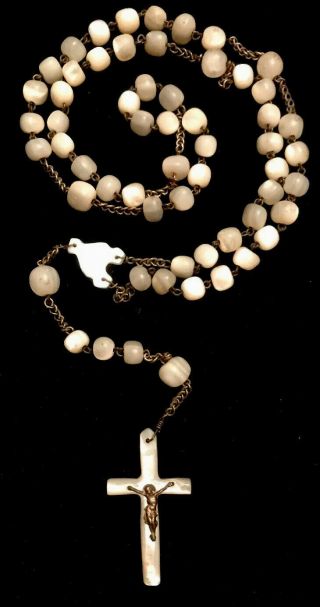 Vintage Antique Mother Of Pearl Mop Rosary,  Mop Crucifix & Center