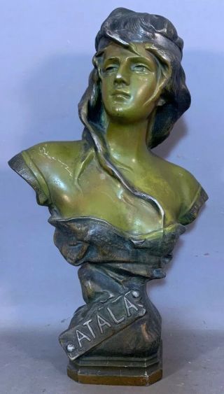 Antique Art Nouveau Era Bronzed Spelter Lady Bust Statue Atala Parlor Sculpture