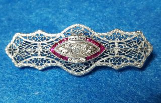Stunning Vintage 14kt White Gold Filigree Brooch W/ Diamond And Synthetic Rubies