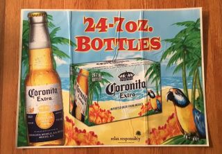 Vintage Corona Beer Sign 7 Oz Bottles Beach Parrot Scene Colorful Advertising